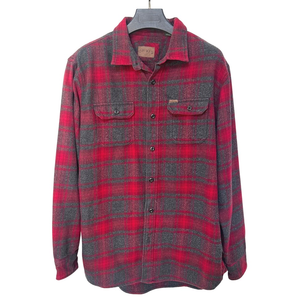 Orvis Mens Heavyweight Flannel Shirt Jacket Plaid Red Gray Shacket Pockets XLT